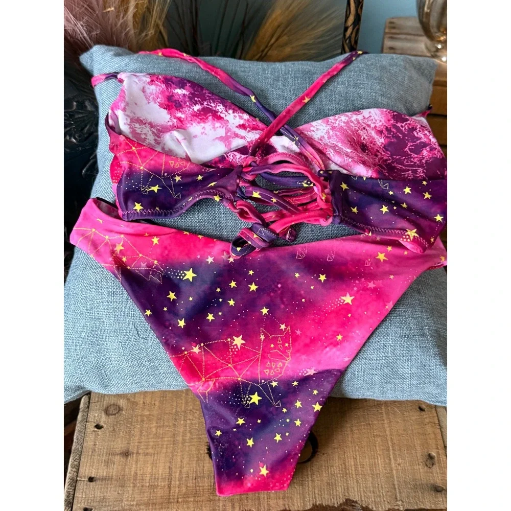 Celestial Cosmic Purple Pink Galaxy Bikini Set w/ White Crochet CoverUp Skirt XS